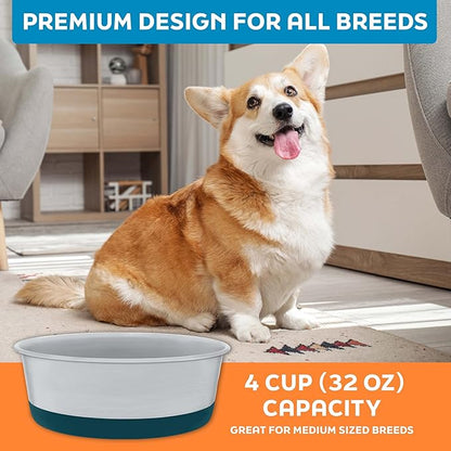 Master Pet Supply Stainless Steel Dog Bowls Set of 2 with Extra Thick Silicone Base - 4 Cup (32 oz) Emerald Sea, Non-Slip, Dishwasher Safe Metal Bowls, Pet Dog Food Bowl for Dogs, Cats, Anti Rust