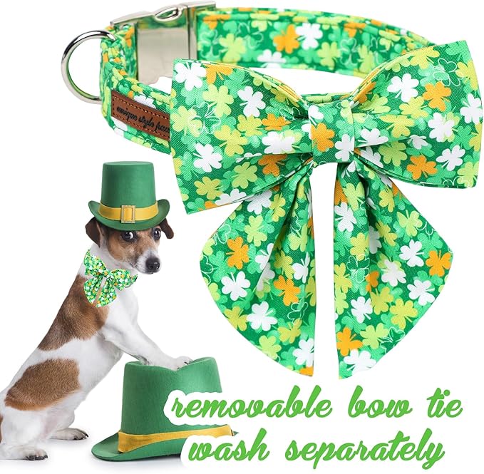 Unique style paws St. Patrick's Day Dog Collar with Bow Clover Collar with Flower for Small Medium Large Boys Girls Dogs