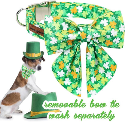 Unique style paws St. Patrick's Day Dog Collar with Bow Clover Collar with Flower for Small Medium Large Boys Girls Dogs