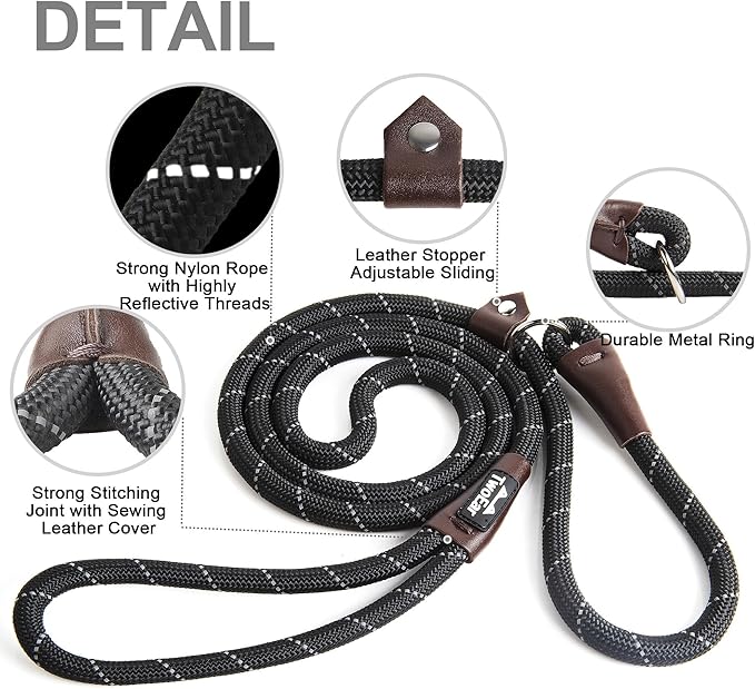 TwoEar 6FT Slip Lead Dog Leash, Heavy Duty Slip Leash for Dogs with Highly Reflective, Strong Rope Slip Leads No Pull Pet Training Leashes for Large Medium Dogs (1/2", Black)