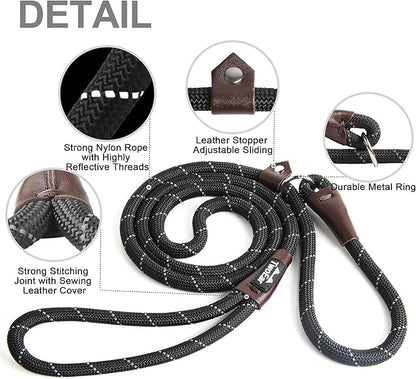 TwoEar 6FT Slip Lead Dog Leash, Heavy Duty Slip Leash for Dogs with Highly Reflective, Strong Rope Slip Leads No Pull Pet Training Leashes for Large Medium Dogs (1/2", Black)