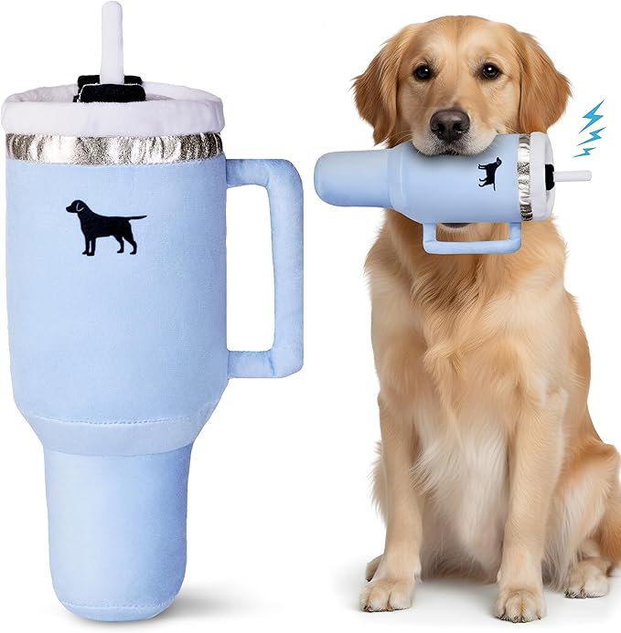 Pup Cup Tumbler Dog Toy – Cute Girl Dog Toy, Valentines & Birthday Gift, Interactive Squeaker, Fun Puppy Present Chambray Blue