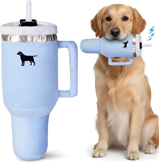 Pup Cup Tumbler Dog Toy – Cute Girl Dog Toy, Valentines & Birthday Gift, Interactive Squeaker, Fun Puppy Present Chambray Blue