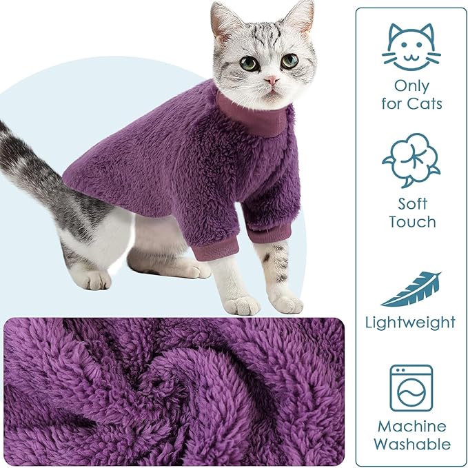 SUNFURA Sphynx Cat Sweater, Hairless Cats Turtleneck Pullover Kitten Sweaters for Cats Only, Warm and Soft Cat Pajamas Shirt with Sleeves Pet Winter Clothes Fleece Jumpsuit for Puppy, Purple L
