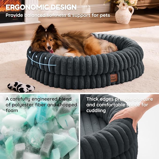 ChiXnuggle Dog Bed Medium Sized Dog - Luxury Striped Faux Fur Waterproof Pet Couch with Removable Washable Cover, Orthopedic Pet Bed with Bolster Sides for Sleeping, Dark Grey