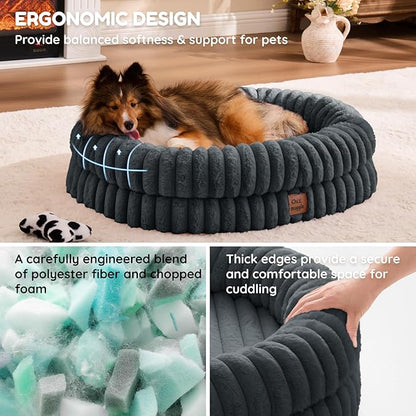 ChiXnuggle Dog Bed Medium Sized Dog - Luxury Striped Faux Fur Waterproof Pet Couch with Removable Washable Cover, Orthopedic Pet Bed with Bolster Sides for Sleeping, Dark Grey