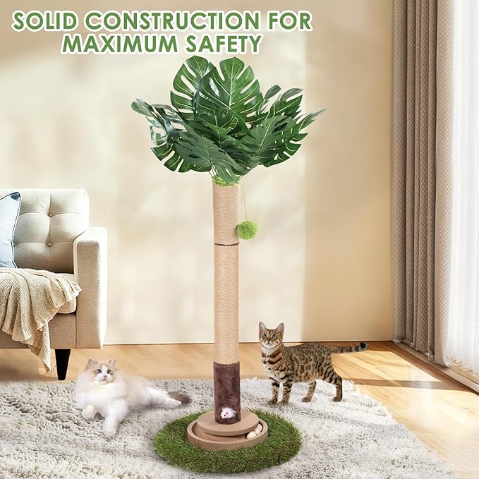 Cat Scratching Post, 35 Inch Tall Cat Scratcher Cat Tree Tower with Hanging Ball for Indoor Cats Adults,Monstera Leaf,Sisal Rope Kitten Scratch with Interactive Mouse Cat Toy