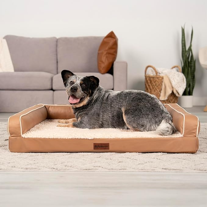 Furhaven Orthopedic Dog Sofa Bed – Memory Foam Couch with Bolsters, Textured Plush & Water-Resistant Cover, Washable Cover, Joint Support - Camel, Large