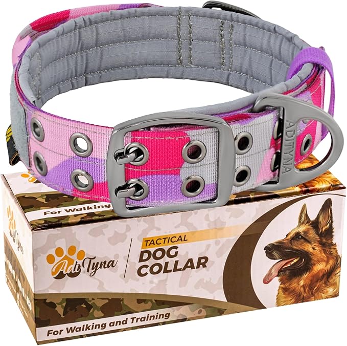 ADITYNA Heavy Duty Dog Collar for Large Dogs - Camo Pink Purple Collar with Handle for Training, and Walking - Wide, Tactical, Soft Neoprene Padded