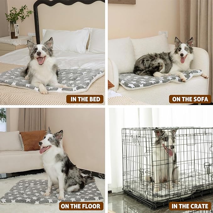 Mora Pets Dog Crate Pad - Ultra Soft Pet Bed With Cute Star Print, Washable Mat for Large Medium Small Dogs, Reversible Fleece Kennel Liner, Cat Bed 23 x 18 Inch Grey