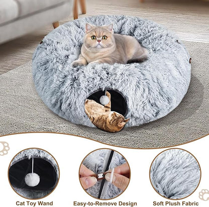 Cat Tunnels for Indoor Cats, Under Christmas Tree Grey Cat Tunnel Donut with Washable Circle Cushion for Cats, Pet Peekbaboo Cave Cat Tunnel Bed for Kitten