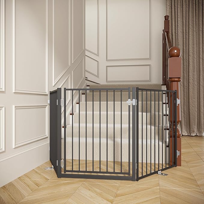No Pawblems Free Standing Dog Gate with Door, 30'' Tall Foldable Dog Fence for Indoor & Outdoor, Up to 78 Inch Extra Wide Puppy Gate for Stairs, Hallways, Doorways, Deck, Yard (Black, 3 Panels)
