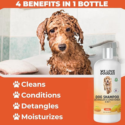 Dog Shampoo, Conditioner & Detangler - Best Shampoo for Goldendoodles, Poodles & Doodles Pet Hair - Hypoallergenic, Tearless, Sensitive Skin for Puppies & All Dog Breeds - Made in USA, 16OZ (Mango)