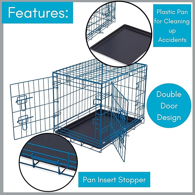 Internet's Best Double Door Steel Crates Collapsible and Foldable Wire Dog Kennel, 24 Inch (Small), Blue