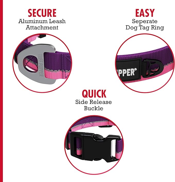 Tuff Pupper Heavy Duty Dog Collar | Tough Dogs Collar | Reflective Collars with Aluminum D-Ring Leash Clip | Separate ID Tag Attachment Keeps Engraved Dog Tags Quiet | Easy Sizing for All Breeds