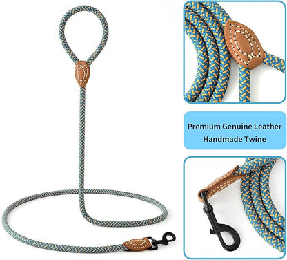 Mile High Life Rope Leash with Genuine Leather Connection, 6 FT/5 FT/4 FT, Heavy Duty Dog Leash for Medium & Large Dogs (Peacock Blue, 48 Inch)