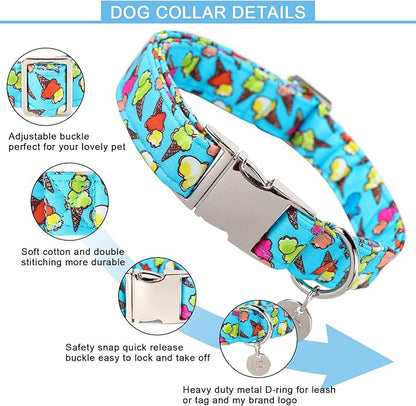 Ice Cream Summer Cotton Dog Collar with Metal Buckle Gift Collar for Small Medium Large Girls or Boys Dogs Cute Durable Comfortable Pet Collars