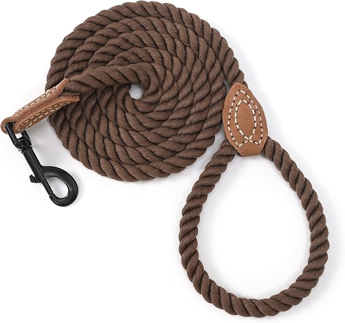 Mile High Life Dog Leash, Braided Cotton Rope Leashes with Leather Tip - Heavy Duty Metal Clasp, 5FT, 1/2" Thick - Wedding, Walking & Training Leash for Small Medium Large Dogs (Dark Brown)