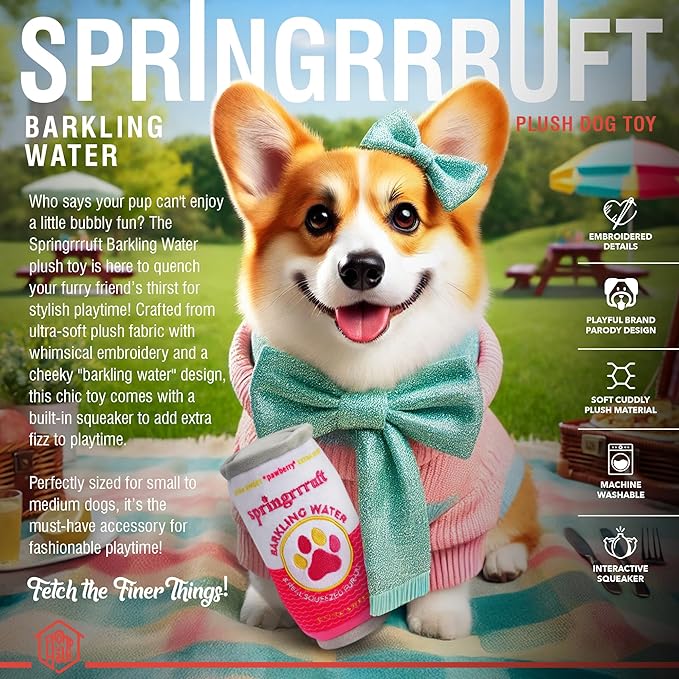 Chomp Haus Springrrruft Barkling Water – Luxurious Plush Dog Toy with Squeaker, Premium Fabric, Embroidered Details, Designer-Inspired Chew Toy, Fun Gift for Small to Medium Dogs & Dog Lovers