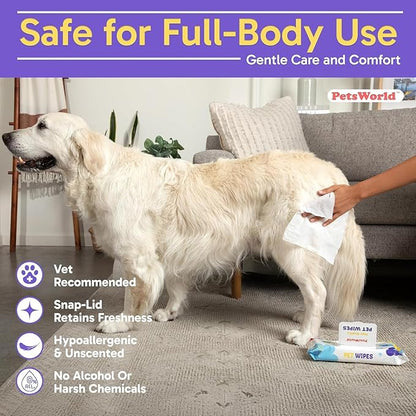 PETSWORLD Pet Wipes for Dogs & Cats, Unscented, Hypoallergenic, Chemical-Free, Biodegradable (98%), Thick & Durable, Textured Grooming Wipes (Unscented, 50 Count)