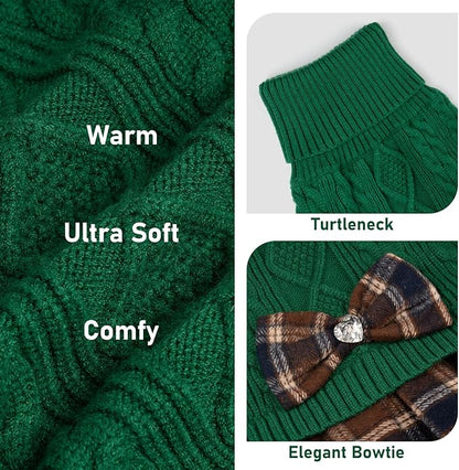 KYEESE Dog Sweater Soft Turtleneck Cat Sweaters Comfy Dogs Clothes with Bowtie Stretchy Knitwear Pet Sweater Dress Thick Dog Sweaters for Small Dogs Male Warm Pullover Pet Coats, Green, Small