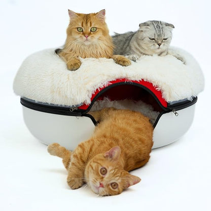 CATTASAURUS Peekaboo Cat Cave for Multiple & Large Cats Up to 30-45 Lbs, Fluffy Cat Beds & Furniture, Scratch Detachable & Washable Tunnel Bed, Comfy Donut Bed (Ruby Snowball, Large (Calming))