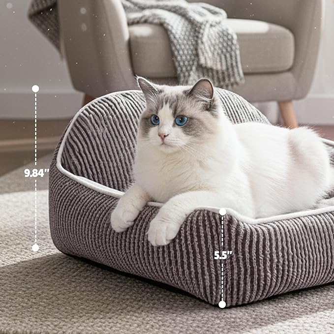 Striped Backrest Pet Sofa Bed | 30cm Semi-Circular Shell Backp Design | Suitable for 0-50lbs Cats, Dogs, Rabbits | Machine-Washable Plush Dog Bed (Dark Brown)