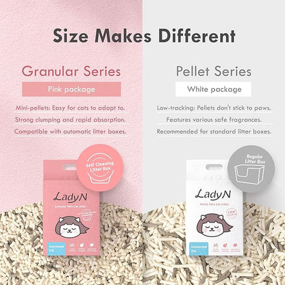 Lady N Pellet Tofu Cat Litter, Strong Clumping, Dust-Free Low-Track Water-Soluble, Natural Ingredients, Enviro-probiotic and Activated Carbon for Odor Control 18lb Yosemite Woody Scent + Unscented