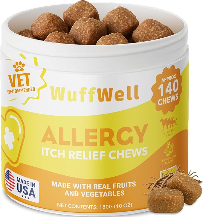 WuffWell Dog Allergy Chews – Supports Immune System & Dog Itching Skin Relief – Advanced All Natural Ingredients & Soft Chews for Dog's Skin Irritation – Made in USA – 140 Count