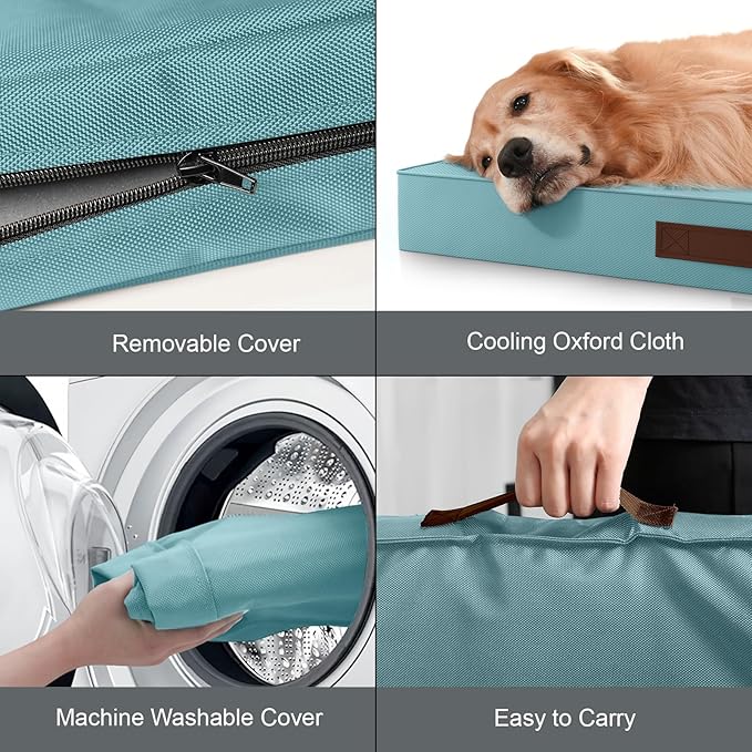 Tail Stories Outdoor Orthopedic Dog Bed for Extra Large Dogs, XL Waterproof Flat Pet Bed 44x32 Inch, Egg Crate Foam with Removable Washable Oxford Cooling Cover, Light Blue
