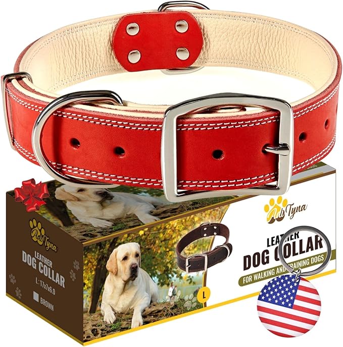 ADITYNA Heavy-Duty Leather Dog Collar for Large Dogs - Soft Padded for Comfort - Red Dog Collar for Walking, Training, and Hiking