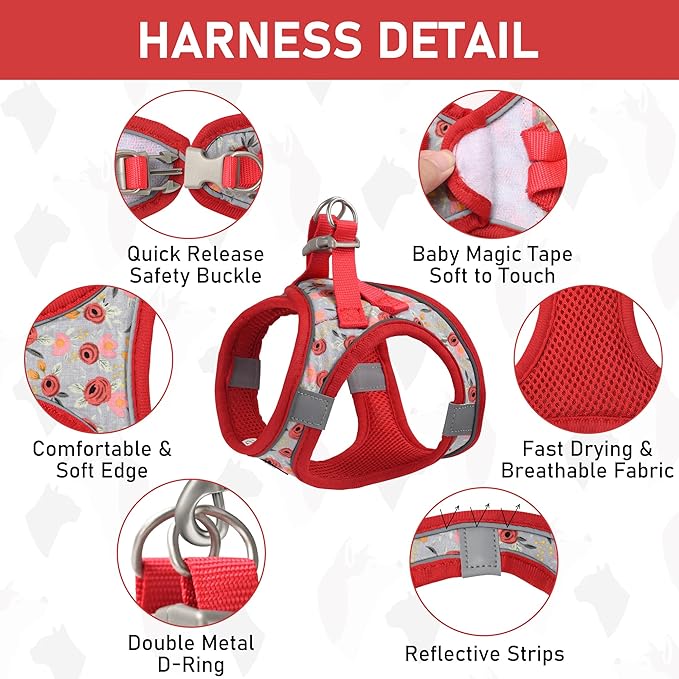 GAMUDA Small Dog Harness Collar and Leash Set, Step in No Chock No Pull Soft Mesh Adjustable Dog Vest Harnesses Plaid Reflective for Dogs Puppy Cats Kitten Rabbit (Red Flower, M)