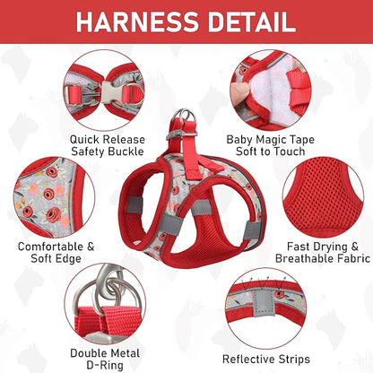 GAMUDA Small Dog Harness Collar and Leash Set, Step in No Chock No Pull Soft Mesh Adjustable Dog Vest Harnesses Plaid Reflective for Dogs Puppy Cats Kitten Rabbit (Red Flower, L)