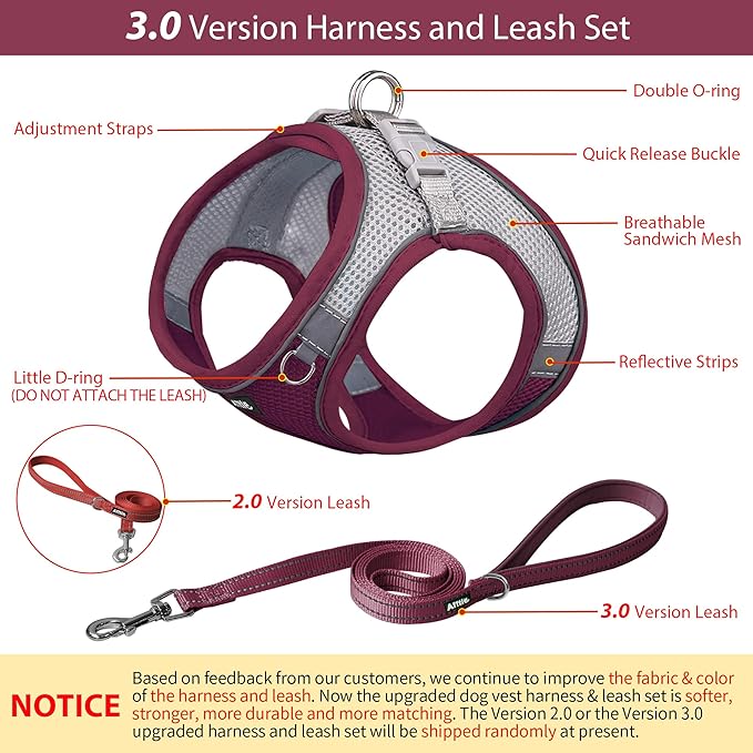 AIITLE Comfortable Dog Harness and Leash Set for Walking - Christmas Step in Vest Harness,Reflective Bands, Adjustable No Pull Puppy Essentials, for Small Dogs and House Cats Burgundy XS
