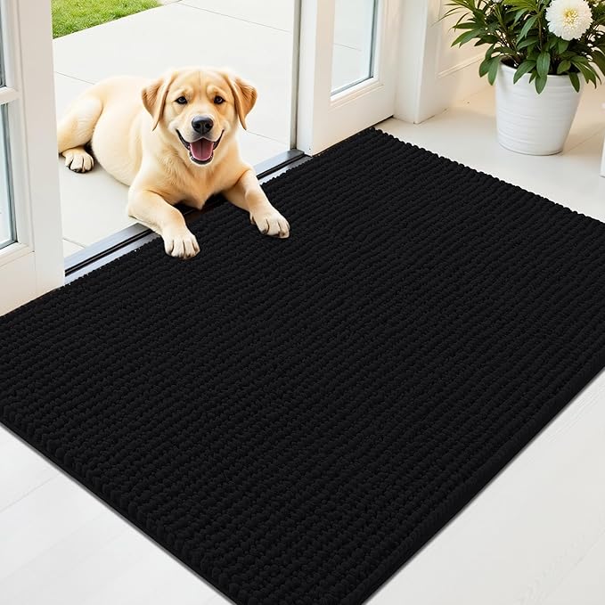 OLANLY Dog Door Mat for Muddy Paws 44x32, Ultra Absorbent Chenille Mud Doormat, Non-Slip Washable and Dirt Trapping Doormat for Indoor Entryway, Quick-Dry Indoor Pet Bed Mats for Dogs, Black