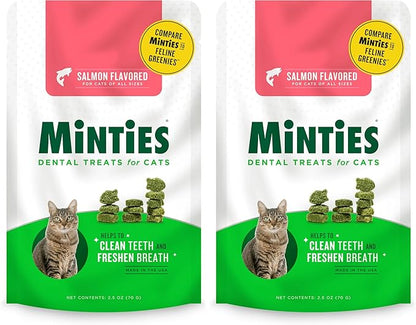 Minties Dental Treats for Cats, Salmon Flavored Treats for Cats, Freshens Breath and Controls Tartar, 2.5oz (Pack of 2)