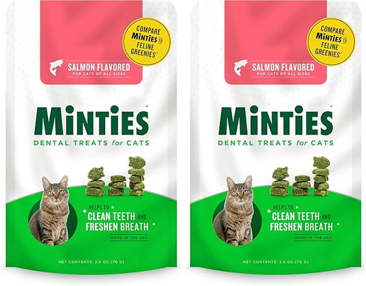 Minties Dental Treats for Cats, Salmon Flavored Treats for Cats, Freshens Breath and Controls Tartar, 2.5oz (Pack of 2)