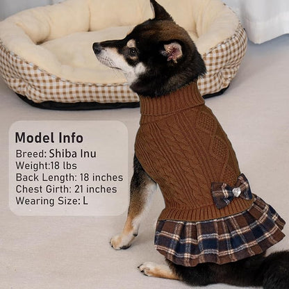 KYEESE Dog Sweater Comfy Dogs Clothes with Bowtie Stretchy Knitwear Pet Sweater Dress Thick Dog Sweaters for Small Dogs Male Warm Pullover Pet Coats, Brown, X-Large
