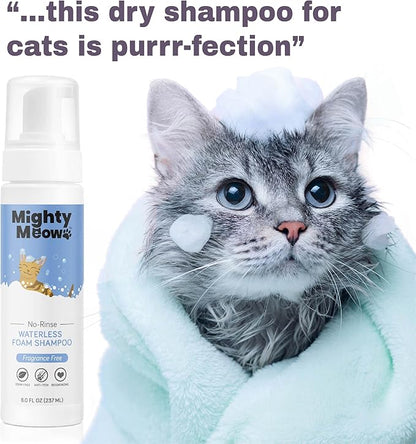 Mighty Meow Waterless Foam Shampoo for Cats - No Rinse, Dry Shampoo for Cats - Eliminates Odors - Gentle & Anti-Itch - Natural & Hypoallergenic Waterless Cat Shampoo – Fragrance Free - 8 fl oz