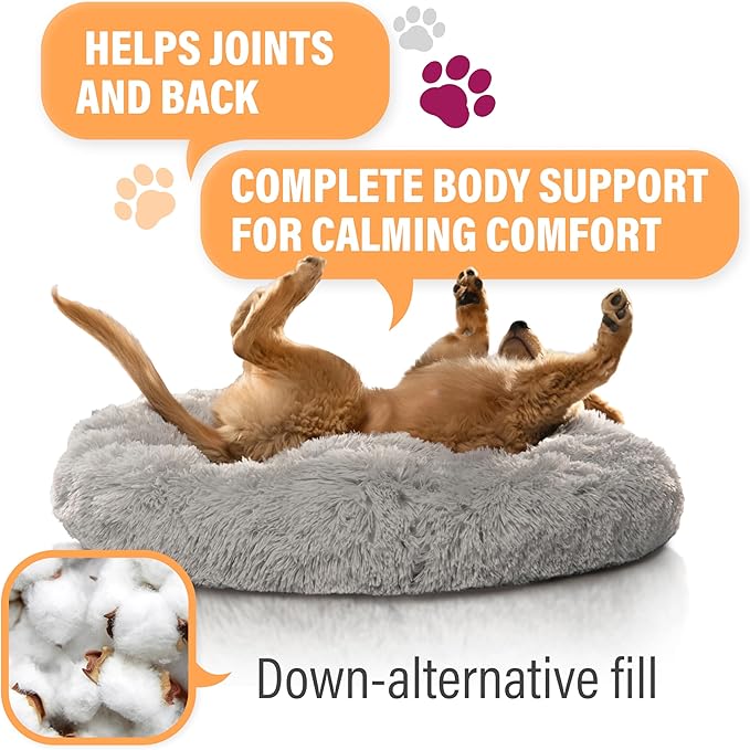 Active Pets Calming Plush Dog Bed Donut Joint Support Anxiety Relief Washable Pet Bed with Removable Cover for Dogs Cats, Large 36", Light Grey