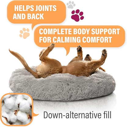 Active Pets Calming Plush Dog Bed Donut Joint Support Anxiety Relief Washable Pet Bed with Removable Cover for Dogs Cats, Large 36", Light Grey