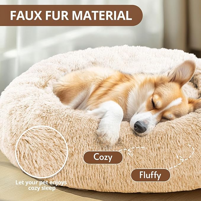 JOLLYVOGUE Calming Small Dog & Cat Bed for Indoor Cats - 20 inches Washable Donut Bed for Kittens & Puppies, Anti-Anxiety Round Fluffy Plush Pet Beds (Fits up to 15 lbs, Off White)