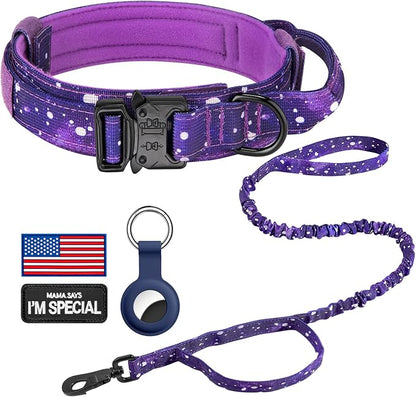 DAGANXI Tactical Dog Collar, Adjustable Military Training Nylon Dog Collar with Control Handle and Heavy Metal Buckle for Medium and Large Dogs, with Patches and Airtags Case (M, Purple Sky-Set)