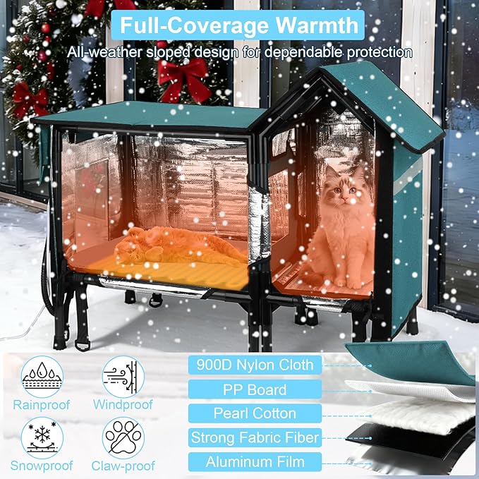 Xosody Heated Cat House for Outside Cats- 100% Weatherproof Insulated Outdoor Cat House with Heating Pad, Elevated Base & Safe Escape Door, Warm Kitty Shelter for Feral or Stray Cats in Winter
