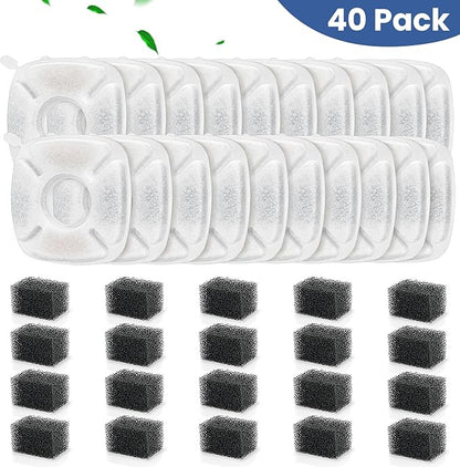 40 Pack Cat Water Fountain Carbon Filters, 20 Pcs Replacement Pet Filters with 20 Pcs Pre-Sponges Compatible with 67oz/2L 95oz/2.8L 135oz/4L Automatic Cats Dog Water Fountain Dispenser