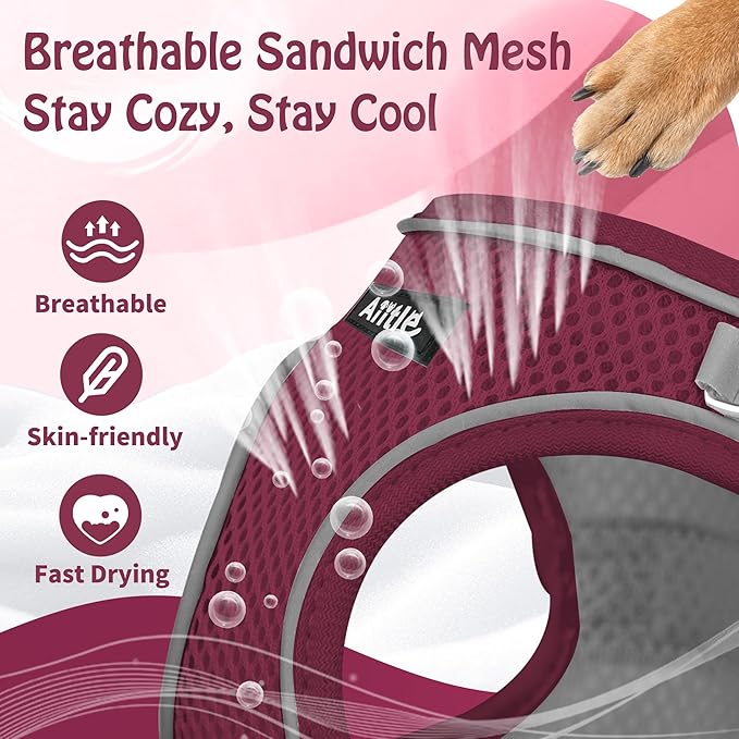 AIITLE Escape Proof Dog Harness - Xmas Step in Adjustable Dog Harness No Choke Over with Breathable Mesh and Quick-Release Buckle - Outdoor Walking, Training for Medium Dogs Burgundy XL