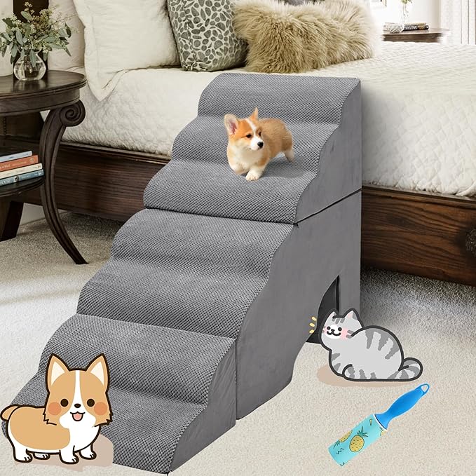 MALOROY Dog Stair for High Beds 36 inches Tall, 33D Foam Dog Ramp for Bed 32 inches, 7-Step Pet Stair Steps for Small Large Dogs for Bedsides Climbing, Non-Slip Doggie Steps for Older Dogs/Cats, Grey