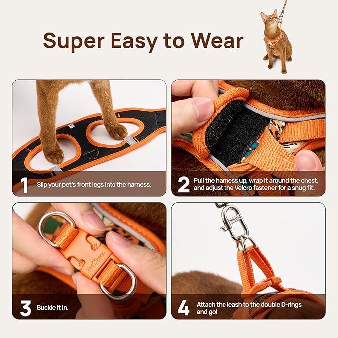 Cat Harness and Leash Set, Step-in Escape Proof Adjustable Vest Harness for Small Medium Large Cats, Lightweight Soft Breathable Reflective Kitten Harness, Easy to Wear for Walking Travel, Camping, M
