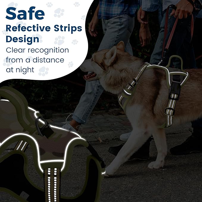 Funfox Dog Harness No Pull, Adjustable Pet Vest Harness, Super Soft Material with Vertical Handle Easy Control, Reflective Night Walking, 2 Leash Clips for Large Dogs, Camo Green, L