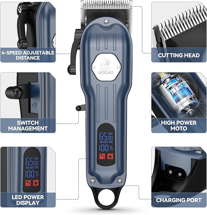 Dog Grooming Kit for Heavy Thick Hair&Coats,Low Noise Dog Hair Trimmer,Rechargeable Cordless Pet Shaver with Stainless Steel Blade, Dog Clippers for Grooming for Small Large Dogs Pets (Blue)